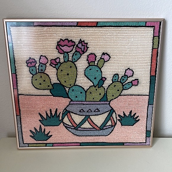 Vintage framed Needlepoint Art cactus bloom desert adobe pot southwestern cacti - Picture 3 of 7